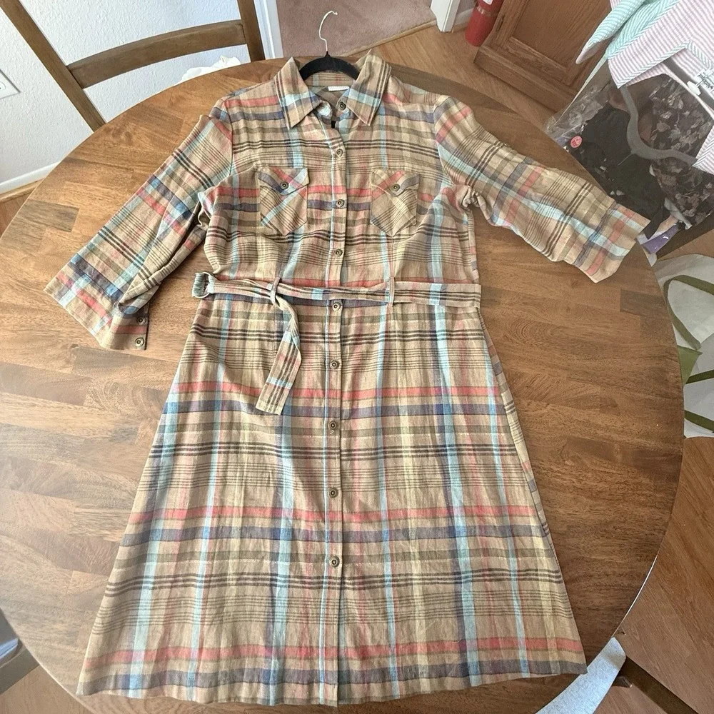 Vtg White Stag Dress 12 Plaid Midi Shirtdress Linen Blend Belt Button Front Y2K - Picture 10 of 16
